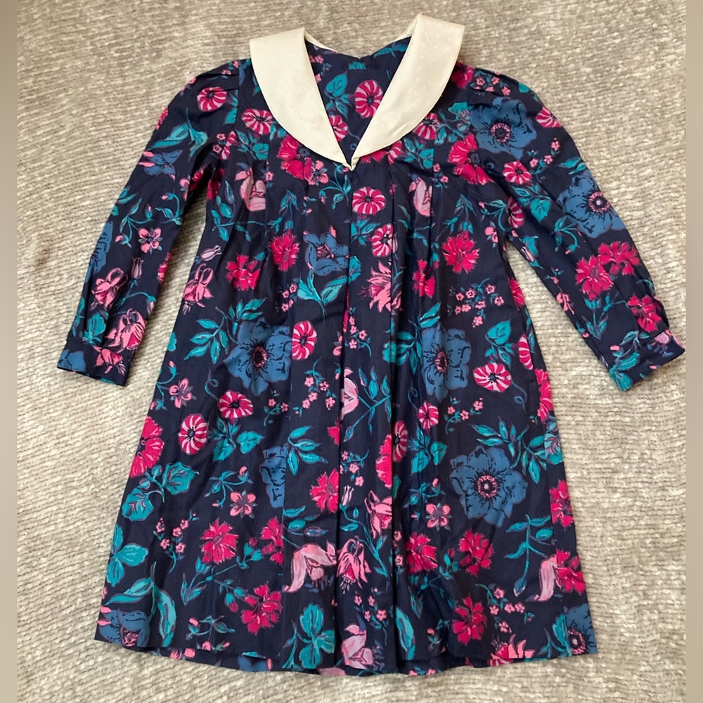 Laura‎ Ashley Vintage Floral Dress Navy Blue 5-6 Years 100% Cotton Ribbon Event